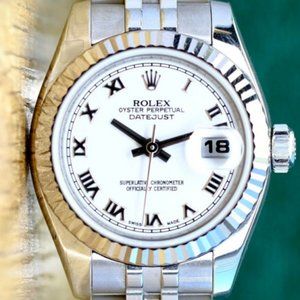 ROLEX DATEJUST 26 MM WHITE ROMAN DIAL 18K WHITE GOLD FLUTED JUBILEE WATCH 179174